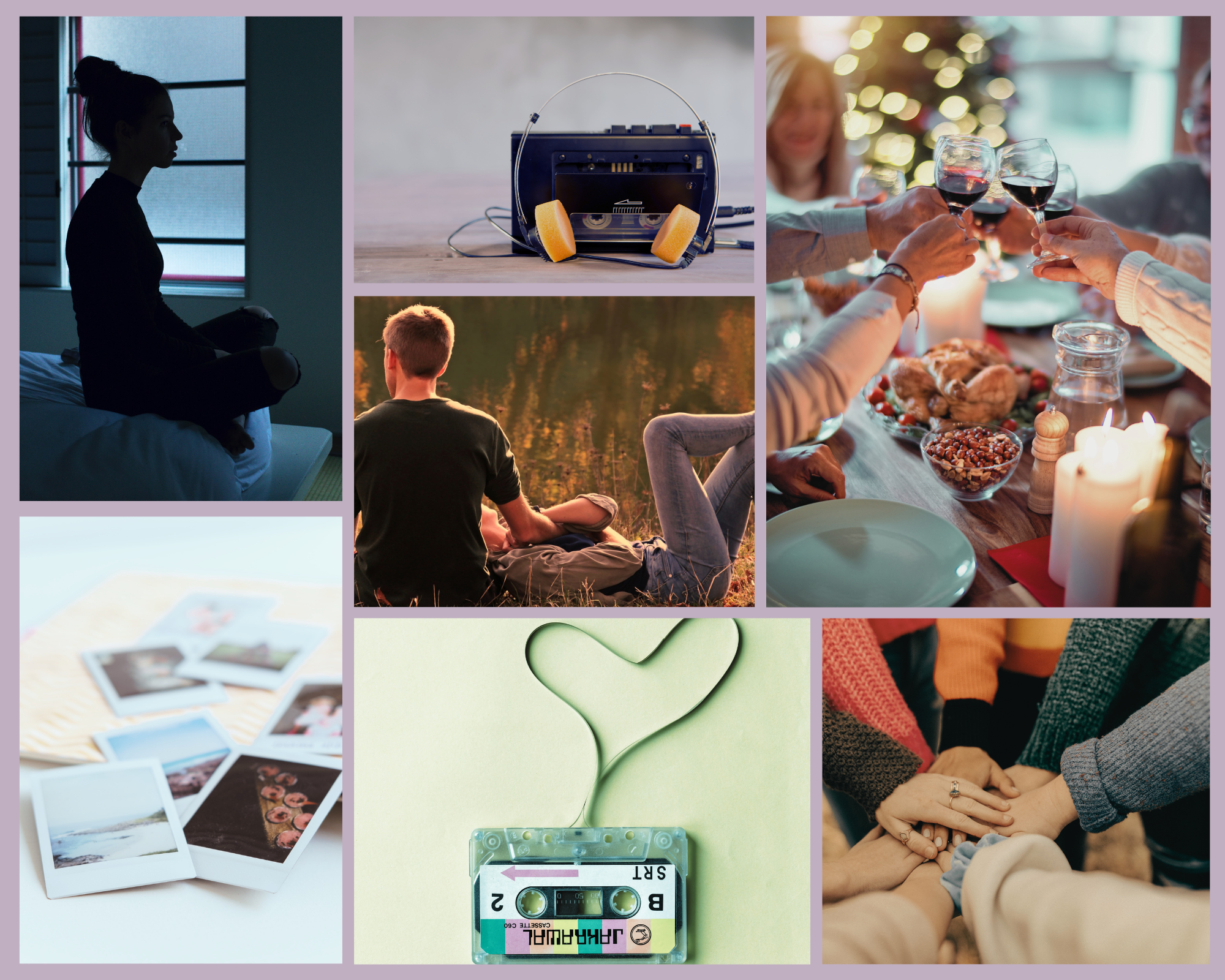 Moodboard clockwise from top left: silhouette of woman sitting on bed in darkened room; Sony Walkman with orange sponge headphones; hands clinking wineglasses over table; hands on top of each other in circle; cassette tape with the tape in a heart shape; scattered Polaroid pictures; woman lying head on man’s lap in field