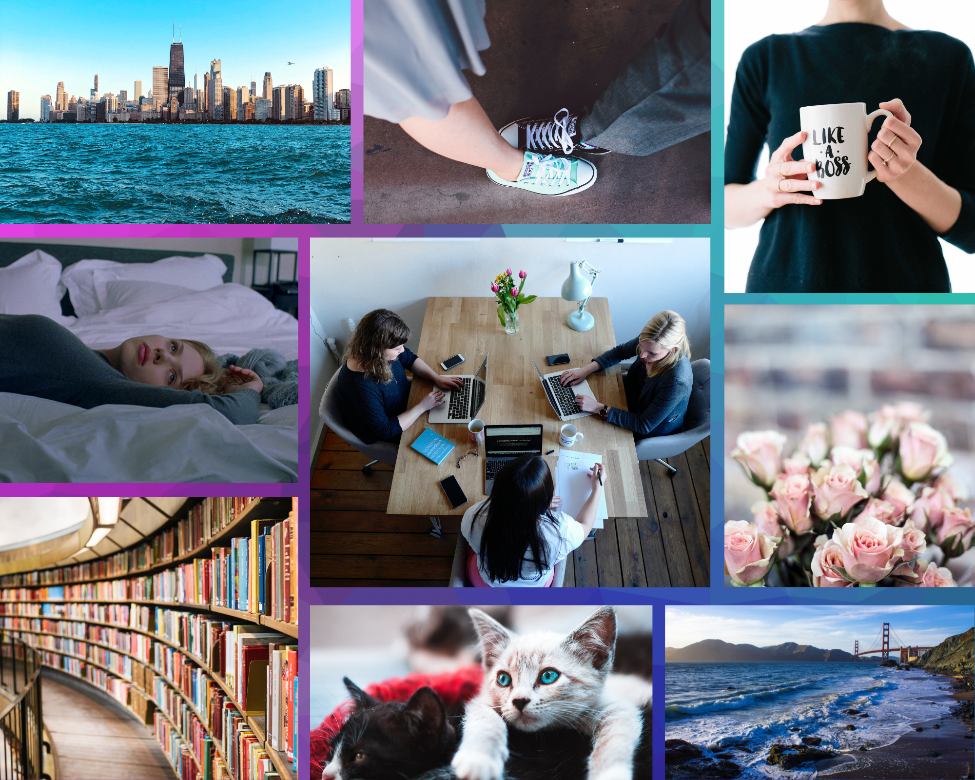 Moodboard clockwise from top left: Chicago skyline and Lake Michigan; man’s foot in black Converse and woman’s foot in turquoise Converse; woman holding “like a boss” mug; creamy-pink roses; Golden Gate Bridge and blue water; black cat and white cat; library filled with books; blonde woman lying in bed; women working around table